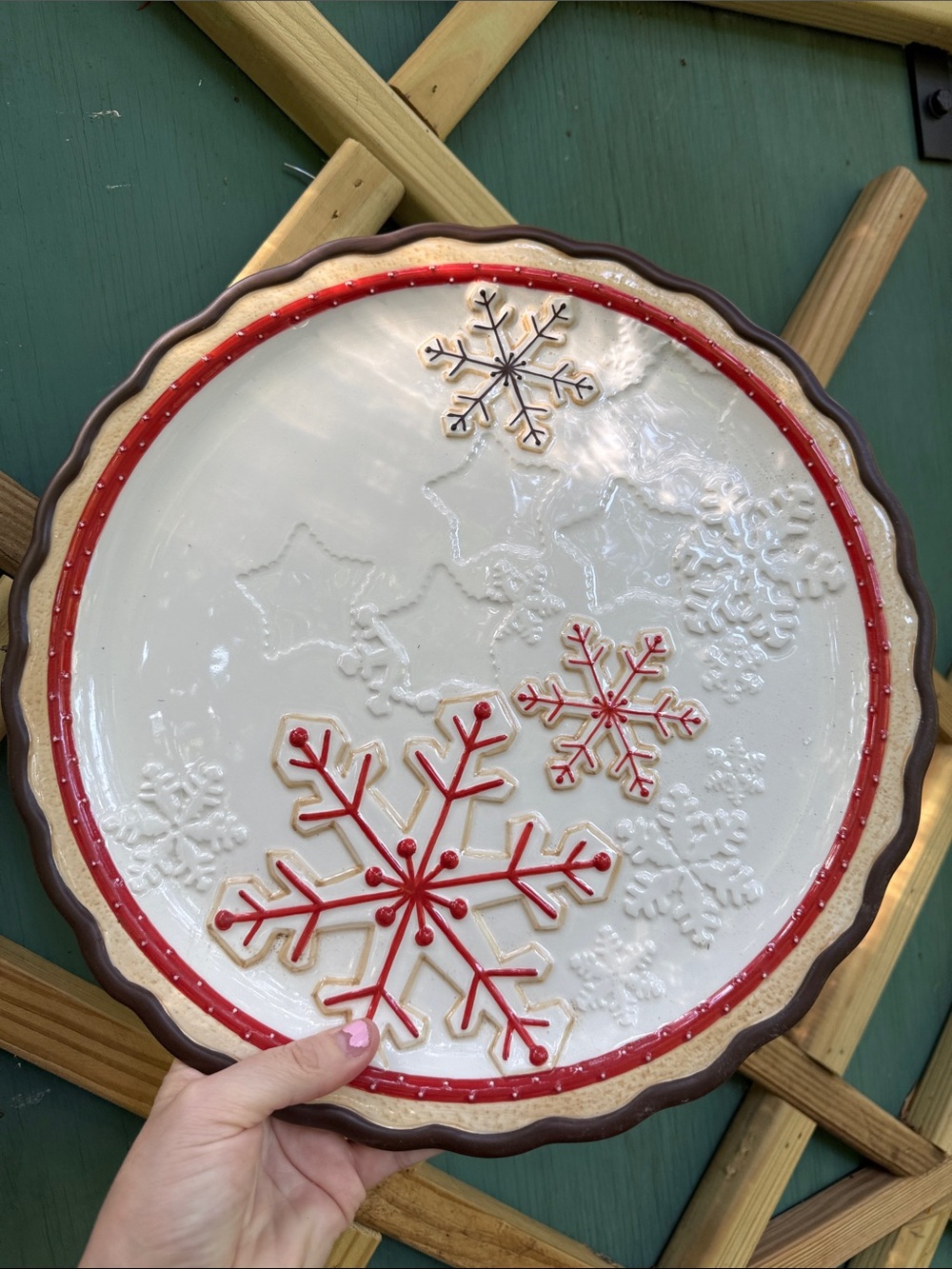 Department 56 Red, White & Brown Snowflake Ceramic Platter